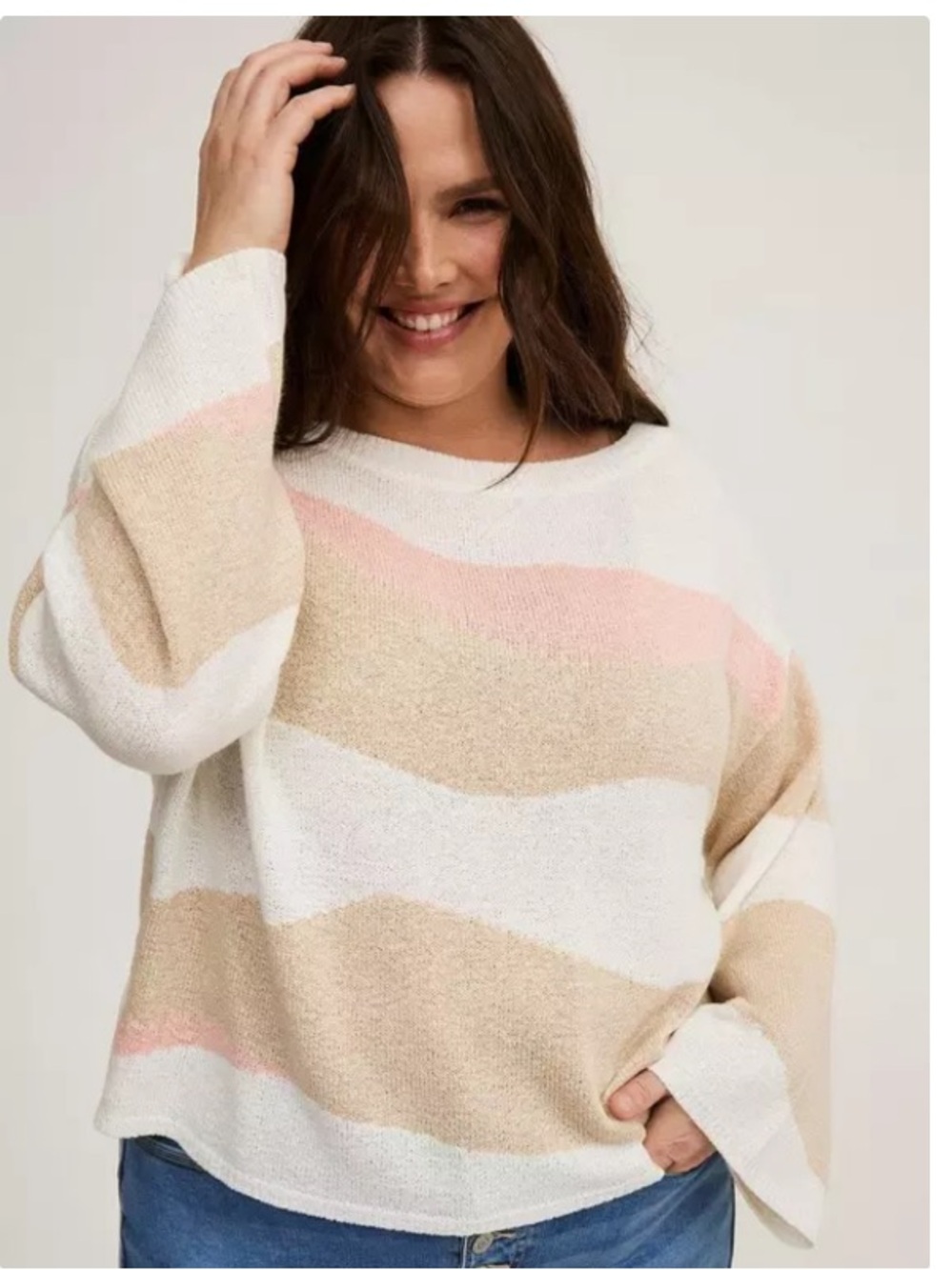 Torrid Striped Boat Neck Knit Flared Sleeve Pullover Sweater White 2X